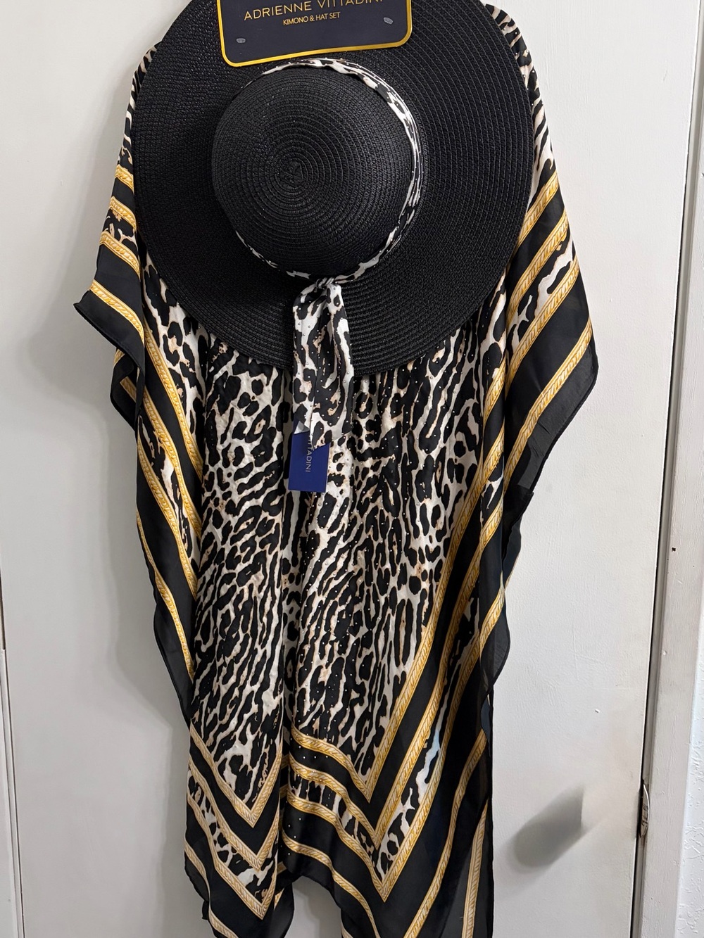 Adrienne Vittadini Black, White & Gold Leopard Print Kaftan with Black Sun Hat